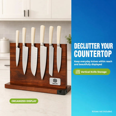 Built In Sharpener Magnetic Knife Block With Double Sided Storage displaying knives on kitchen countertop.