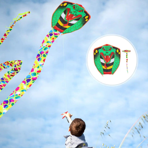Child flying Dope Long Tail Snake Kite With Gold Foil, Handmade Animal Modeling Kite against blue sky with colorful tail.