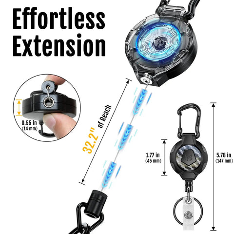 Heavy Duty Retractable Keychain Set 2 Pack With 10 Oz Tension 31.5 Inch Stainless Cord 3K Carbon Fiber Reel Carabiner Key Ring