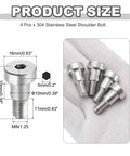 Pro Grade 304 Stainless Steel Shoulder Bolts 4 Pack Featuring M8x1.25 Threads and 10mm Hex Socket, dimensions and sizes shown.