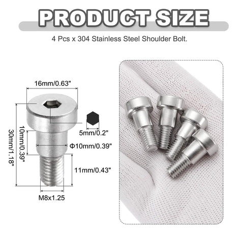 Pro Grade 304 Stainless Steel Shoulder Bolts 4 Pack Featuring M8x1.25 Threads and 10mm Hex Socket, dimensions and sizes shown.