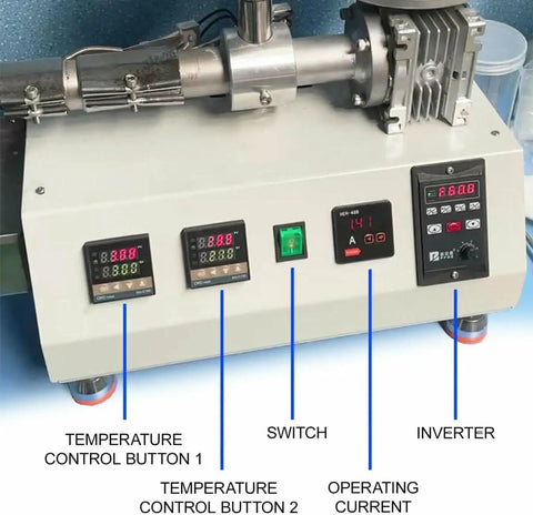 Hella Reliable Single Screw Plastic Pellet Extruder And Fast Filament Maker With 1000W Motor control panel including PID temperature displays.