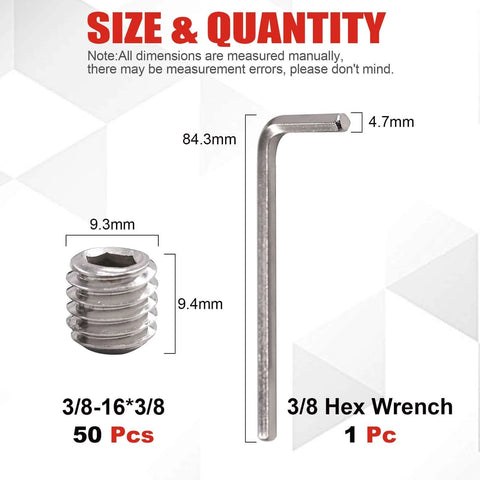 50 Piece Set Stainless Steel SAE Hex Socket Screws Grub Screws Cup Point Internal Hex Drive 3/8-16 X 3/8 with Hex Wrench