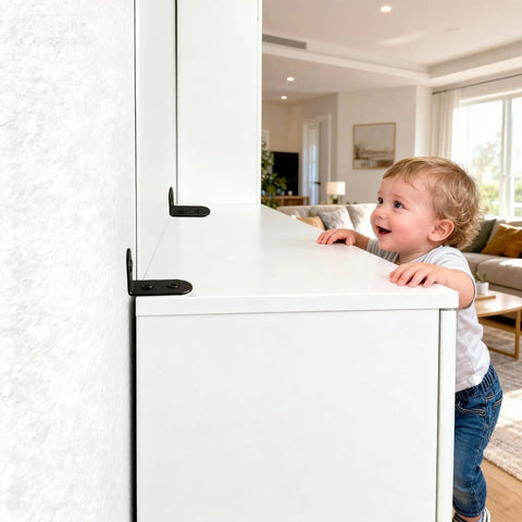 Child standing beside furniture secured with Anti Tip Furniture Anchor Kit For Baby Proofing Dresser And Bookcase, Easy Wall Mount.