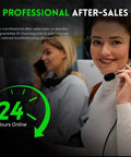 Customer support representatives with headsets; one woman smiling at the camera, '24 Hours Online' text visible.