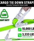 Badass 2 Inch Ratchet Tie Down Straps Heavy Duty Cargo Straps Packed With Double J Hook And 15 Foot Length close-up on ratchet mechanism with green strap.