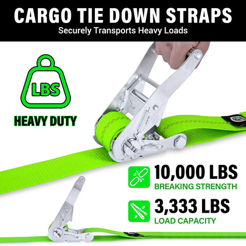 Badass 2 Inch Ratchet Tie Down Straps Heavy Duty Cargo Straps Packed With Double J Hook And 15 Foot Length close-up on ratchet mechanism with green strap.