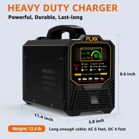 Kick Your Dead Battery Back In Gear With This Heavy Duty 12V 24V Smart Charger 0 To 15 Amps Automatic Trickle Maintainer Auto Shutoff For Agm Gel Deep Cycle Batteries with display and handle.