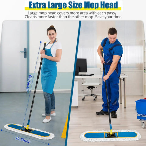 Heavy Duty Industrial 39 Inch Dust Mop For Wet Dry Floor Cleaning With 2 Cotton Mop Pads shown in use on hardwood and tile floors