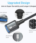 Close-up of Ultra Long 10FT USB 3.0 Extension Cable Type A Male To Female, showcasing nylon braided design and nickel plated connectors.