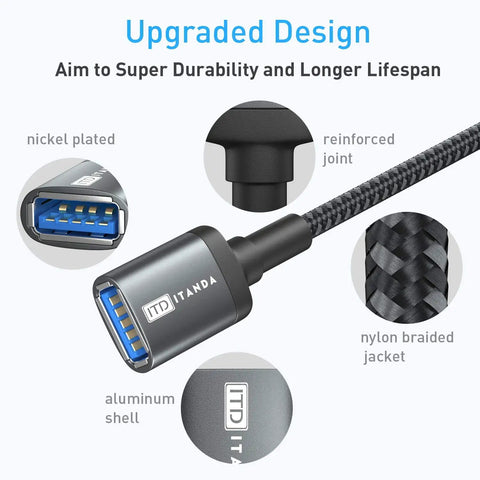 Close-up of Ultra Long 10FT USB 3.0 Extension Cable Type A Male To Female, showcasing nylon braided design and nickel plated connectors.