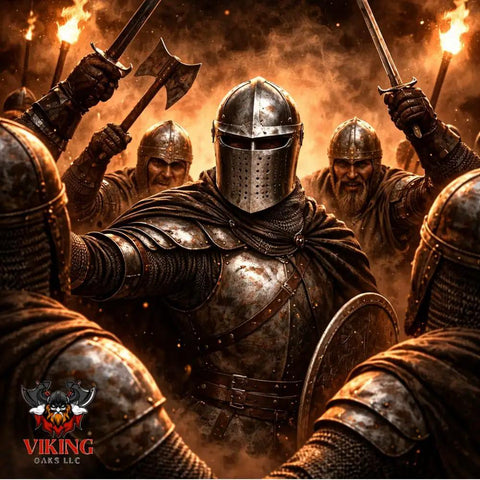 Visored Medieval Helmet For Cosplay And Larp Knight Armor With Black Polished Finish in battle scene