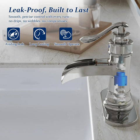 Chrome Waterfall Bathroom Faucet With Single Handle, One Hole Sink Setup, shown with solid brass construction and leak-proof design.