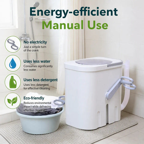 Hand Cranked Portable Washing Machine For Off Grid Camping And Rv Life Non Electric Manual Laundry Scrubber in a bathroom setting.