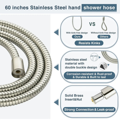 60 inch stainless steel shower hose with kink-free design for dual shower head system with 8 inch square rainfall head and handheld spray.