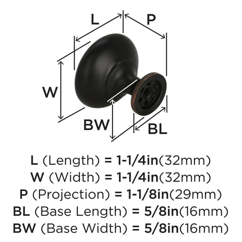 Dimensions diagram of Oil Rubbed Bronze Cabinet Knob, 1-1/4 Inch Diameter, Edona Drawer Knob For Cabinets And Furniture, Classic Style.