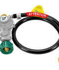 GasSaf 3 ft propane regulator with hose, 2-stage RV regulator, silver body, green knob, 3/8 in flare nut
