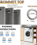 Grommet detail and washing instructions for Pack Of 4 Blackout Curtain Panels 37x84 Inches Charcoal Grey Lightweight Thermal Insulated