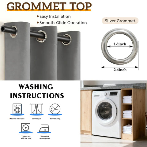 Grommet detail and washing instructions for Pack Of 4 Blackout Curtain Panels 37x84 Inches Charcoal Grey Lightweight Thermal Insulated