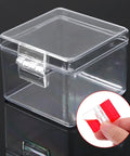 Clear box with 20 Pcs Self-Adhesive Clear Acrylic Hinges 35x25mm Mini Transparent Hinges for DIY crafts and glass lids installation.