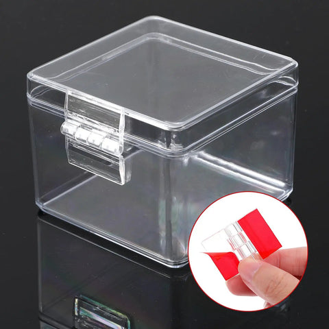 Clear box with 20 Pcs Self-Adhesive Clear Acrylic Hinges 35x25mm Mini Transparent Hinges for DIY crafts and glass lids installation.