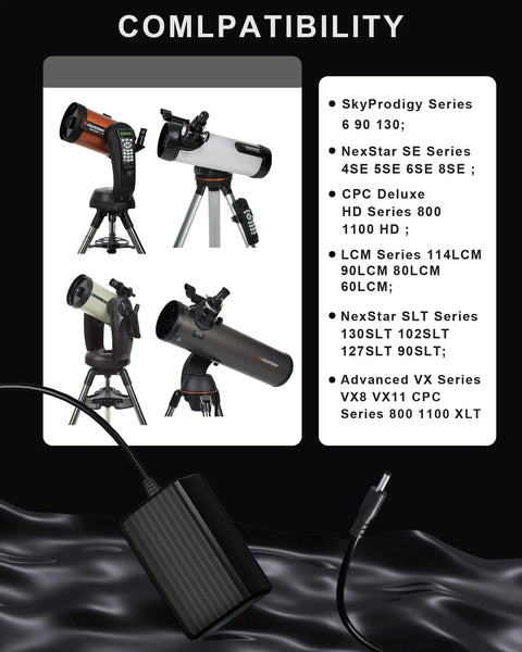 Compatibility chart and 10 Feet Long Replacement AC Power Adapter Cord For NexStar Telescope Series with 18778 adapter.