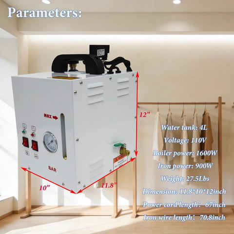 Pro Grade 110V Commercial Curtain Steamer With 4L Tank And 3KG Steam Flow Adjusted By Visual Gauge in a studio setting.