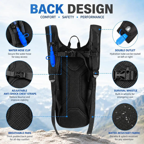 Ultra Lightweight Hydration Backpack With 2L Water Bladder For Cycling, Running, Biking, And Hiking, Waterproof Oxford Fabric, back view