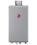 Indoor Natural Gas Tankless Water Heater Serves Up A Smooth Seven GPM Stream With EcoNet Smart Monitoring, grey unit.