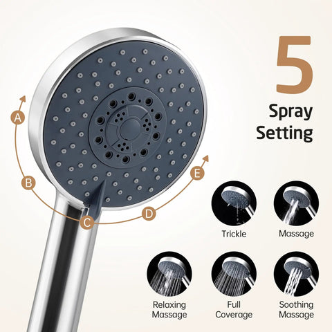 5-function handheld head of Adjustable Shower Head With Slide Bar And Extra Long Hose Set for spa-like showers
