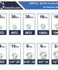 Assorted sizes of 165-Piece SAE Hex Nut Kit In 304 Stainless Steel with labels for home garage and DIY repairs.