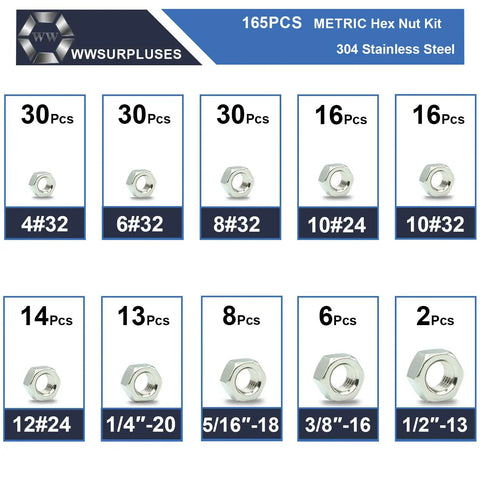 Assorted sizes of 165-Piece SAE Hex Nut Kit In 304 Stainless Steel with labels for home garage and DIY repairs.