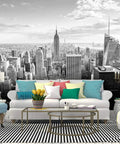 Living room with New York City Skyline Canvas Wall Mural In Black And White Self Adhesive Peel And Stick Wallpaper, modern decor
