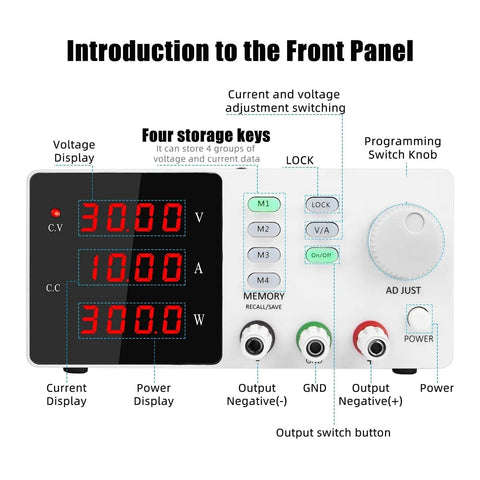 Front panel of Programmable DC Power Supply With USB Output 120V 60V 30V Adjustable Bench Power Source 0 To 10A Max