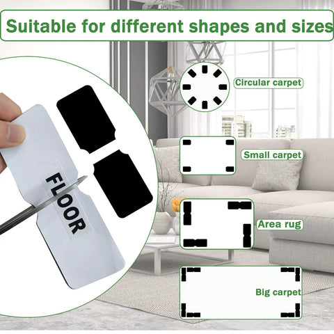 Illustration showing Eight Piece Rug Corner Grippers Set With Double Sided Rug Tape for different carpet shapes and sizes