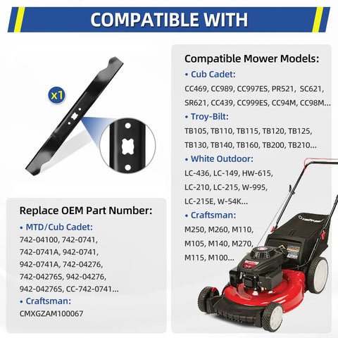 One Pack Mulching Blade For MTD Cub Cadet Troy-Bilt 21 Inch Deck Lawn Mower Replacement 742-0741A compatibility list