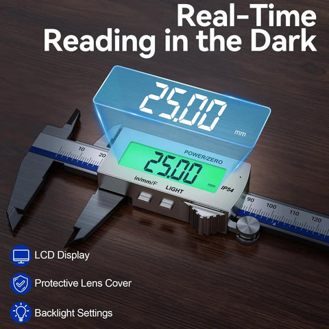 Backlit 6 Inch Digital Caliper With Rechargeable Battery IP54 Waterproof Large LCD Screen in mm and Fraction Conversions
