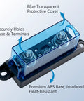 Rock Solid ANM Bolt On Fuse Holder Block 60 Amp Rated 12 To 48 Volt DC Circuit Protector with blue protective cover and ABS base.