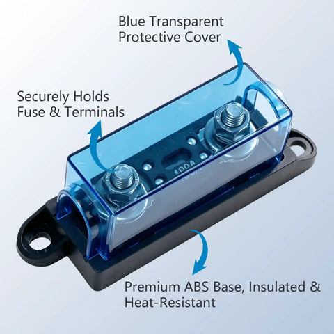 Rock Solid ANM Bolt On Fuse Holder Block 60 Amp Rated 12 To 48 Volt DC Circuit Protector with blue protective cover and ABS base.