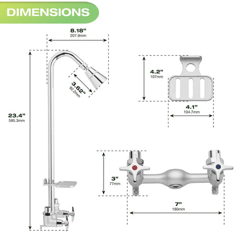 Dimensions of Outdoor Shower Kit With Soap Dish, Rust and Corrosion Resistant Brushed Nickel Finish, Dope For Poolside, Patio, Beach House or Lake Cabin, Adjustable Spray Dial, Built To Last Outdoor Bath Accessory.