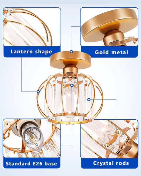 Two Pack Gold Semi Flush Mount Ceiling Lights With E26 Socket Crystal Chandeliers featuring gold metal and crystal rods