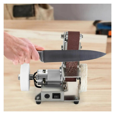 Compact Mini Electric Belt Sander in use, small durable build, polishing knife with dual sanding modes on a workbench.