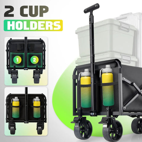 Close-up of collapsible wagon cart with wheels foldable heavy duty folding cart utility lightweight portable wagon for groceries with cup holders.