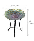 Handpainted Mosaic Flower Fusion Glass Pedestal Bird Bath For Outdoor Patio Garden Backyard Deck Decor, 21 Inch Height In Blue And Purple, Multi Functional Waterer Or Bird Feeder With Foldable Stand