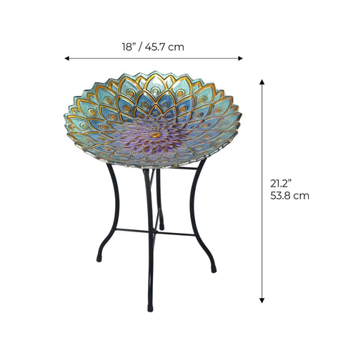 Handpainted Mosaic Flower Fusion Glass Pedestal Bird Bath For Outdoor Patio Garden Backyard Deck Decor, 21 Inch Height In Blue And Purple, Multi Functional Waterer Or Bird Feeder With Foldable Stand