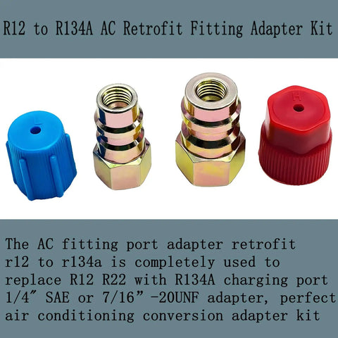 AC Retrofit Fitting Adapter Kit For R12 And R22 To R134A with blue and red caps, converting SAE to UNF ports