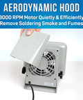 Compact Benchtop Fume Absorber With Adjustable Stand 115VAC Solder Fume Extractor and aerodynamic hood being adjusted