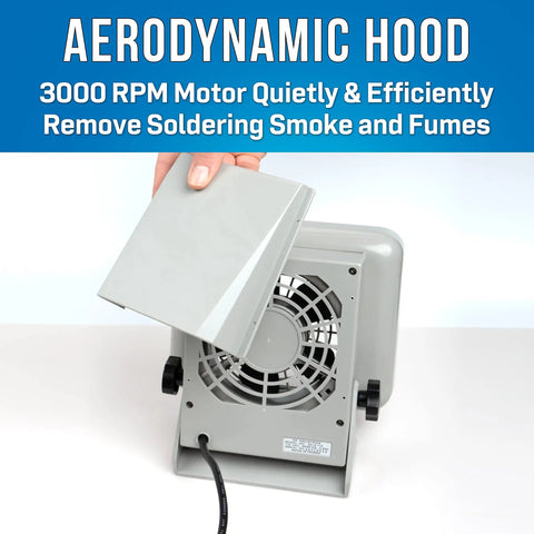 Compact Benchtop Fume Absorber With Adjustable Stand 115VAC Solder Fume Extractor and aerodynamic hood being adjusted