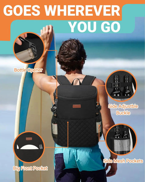 Insulated Soft Cooler Backpack For 30 Can Capacity, Leak Proof Thermal Lunch Bag With Wide Mouth Opening, 2 Side Pockets And Front Pocket