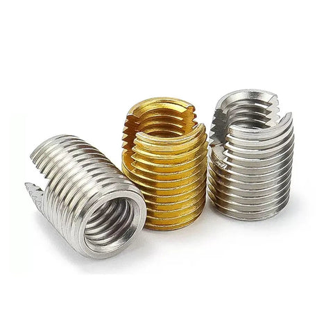 Heavy Duty Self Tapping Thread Inserts For Damaged Screw Holes, M2 To M20 Size Slotted Bushings In Carbon Steel, three sizes displayed.